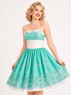 Vintage Betsey Johnson Strapless Dress Blue White Eyelet Mini Retro Coquette 4